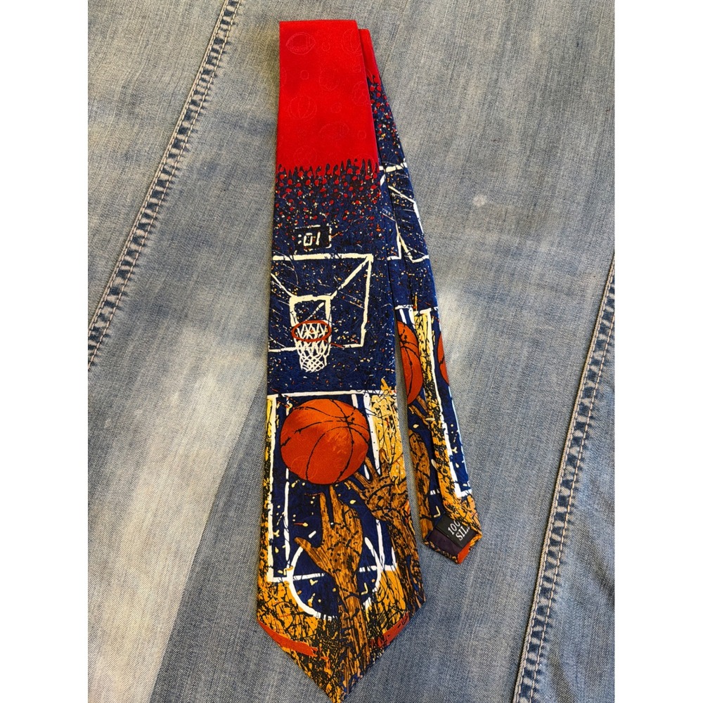 Spencer & Lowe Mens Basketball Silk Tie Red Blue Sports Graphic Novelty Wide 4"